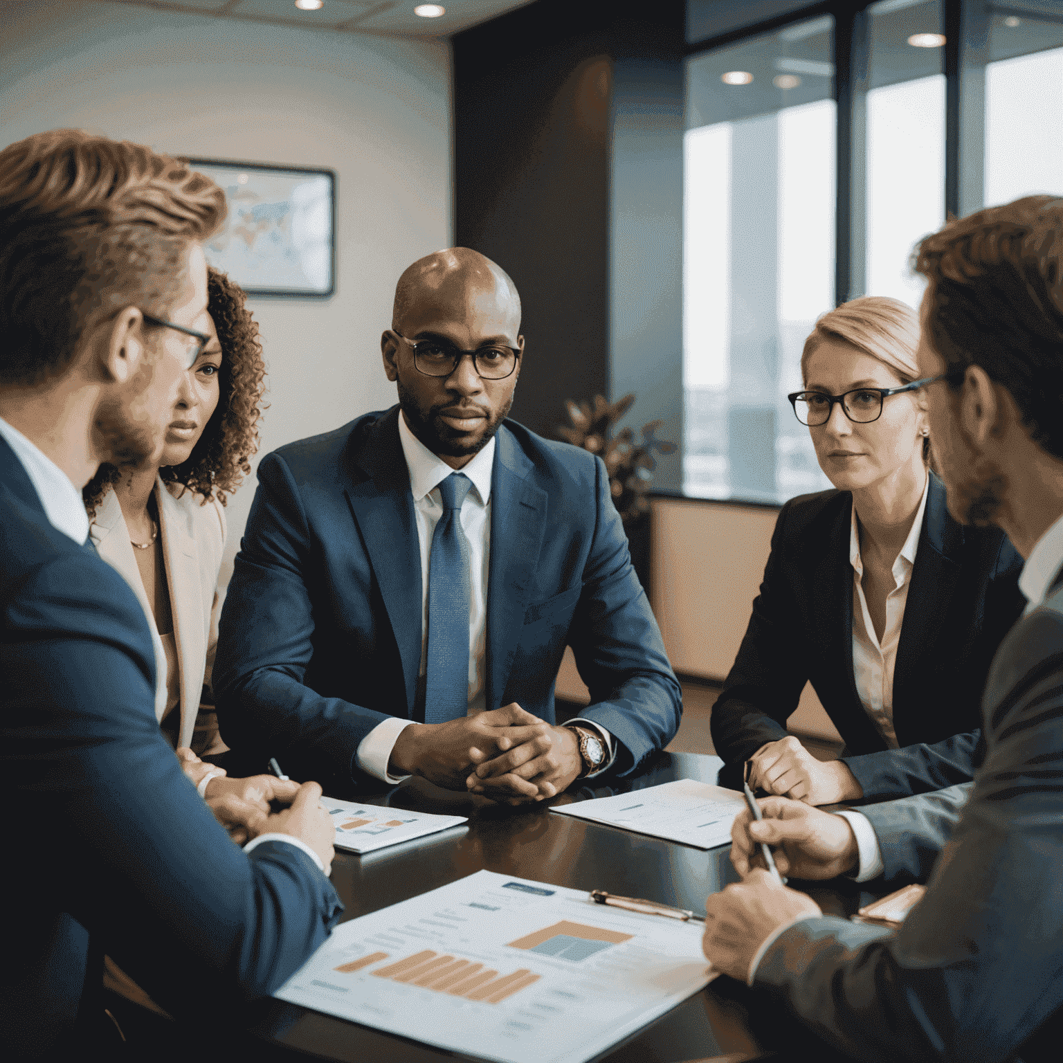 A group of business professionals in a meeting room discussing growth strategies and financial planning, with a focus on purchasing physical gold