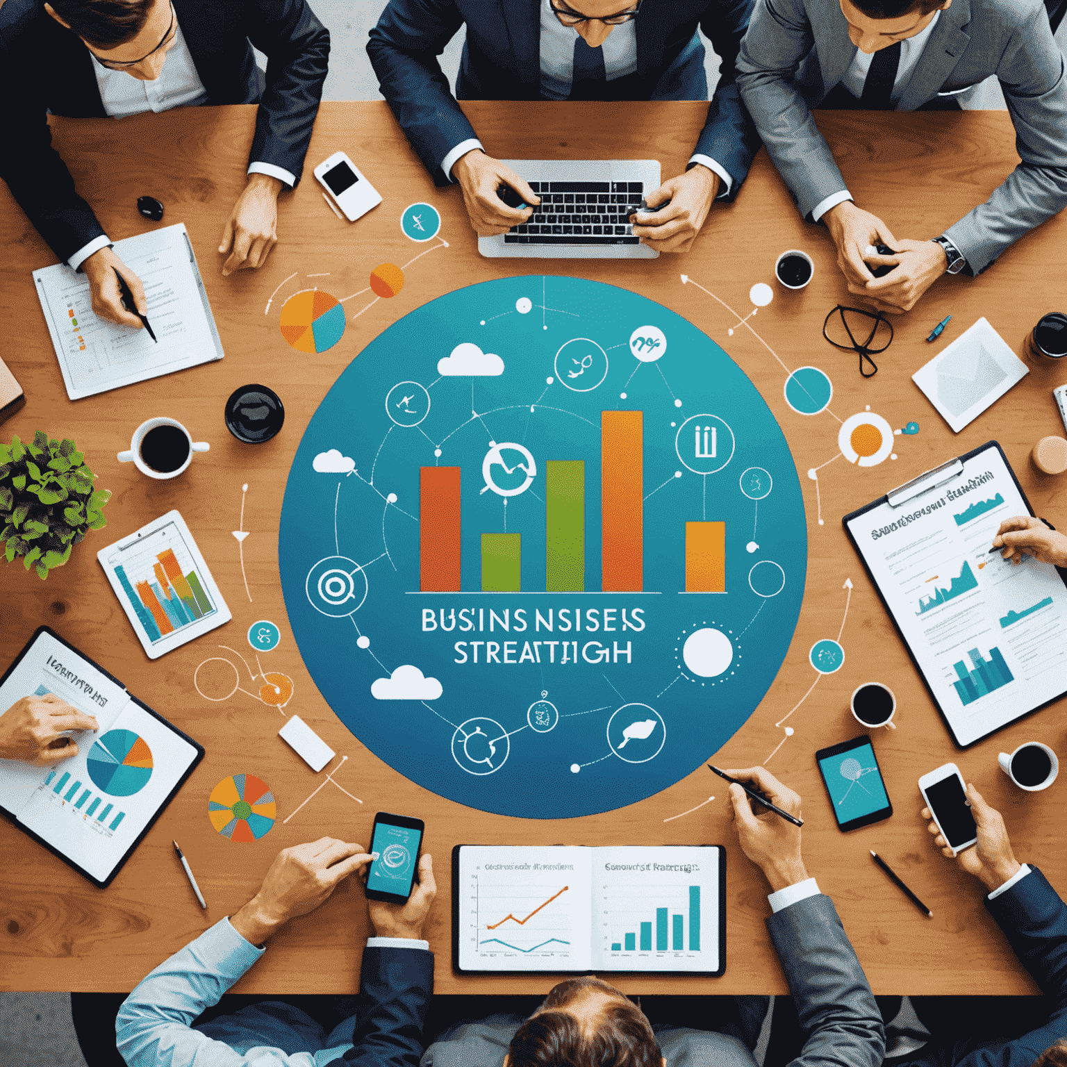 Illustration of business growth strategies, such as market research, partnerships, and innovation