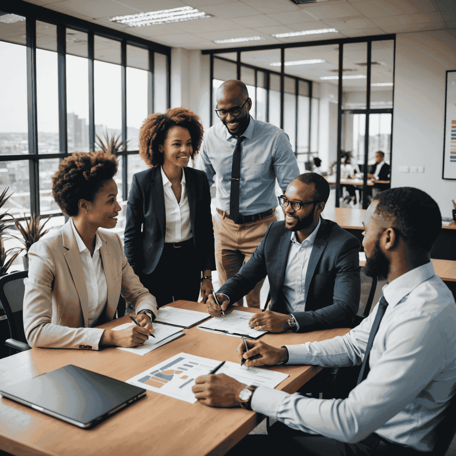 Business team discussing growth strategies in a modern South African office