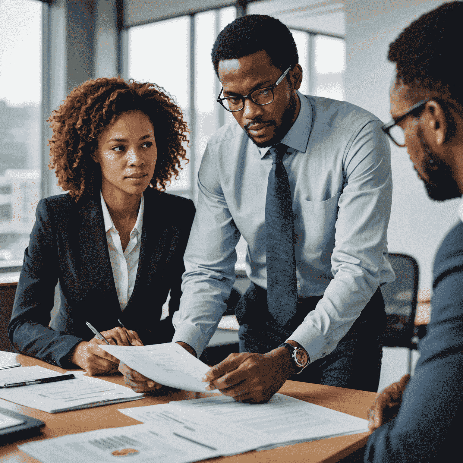 Businesspeople discussing regulatory compliance documents in a South African office