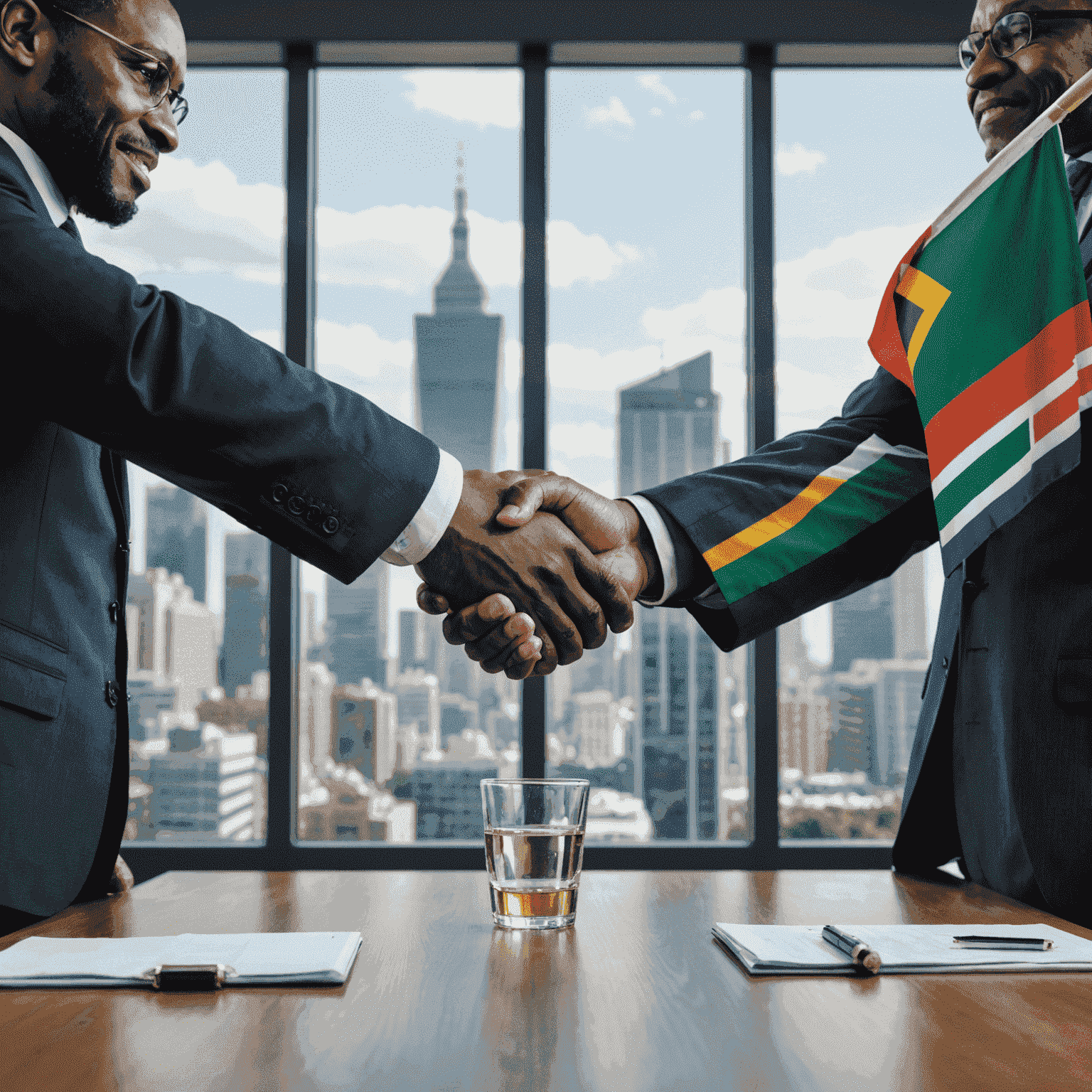 Business professionals shaking hands in a meeting room with South African flag and cityscape visible through the window