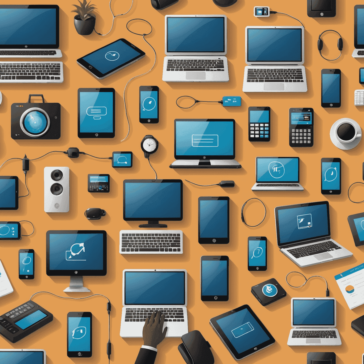 Illustration of various technologies like computers, smartphones and automation systems helping businesses grow in South Africa