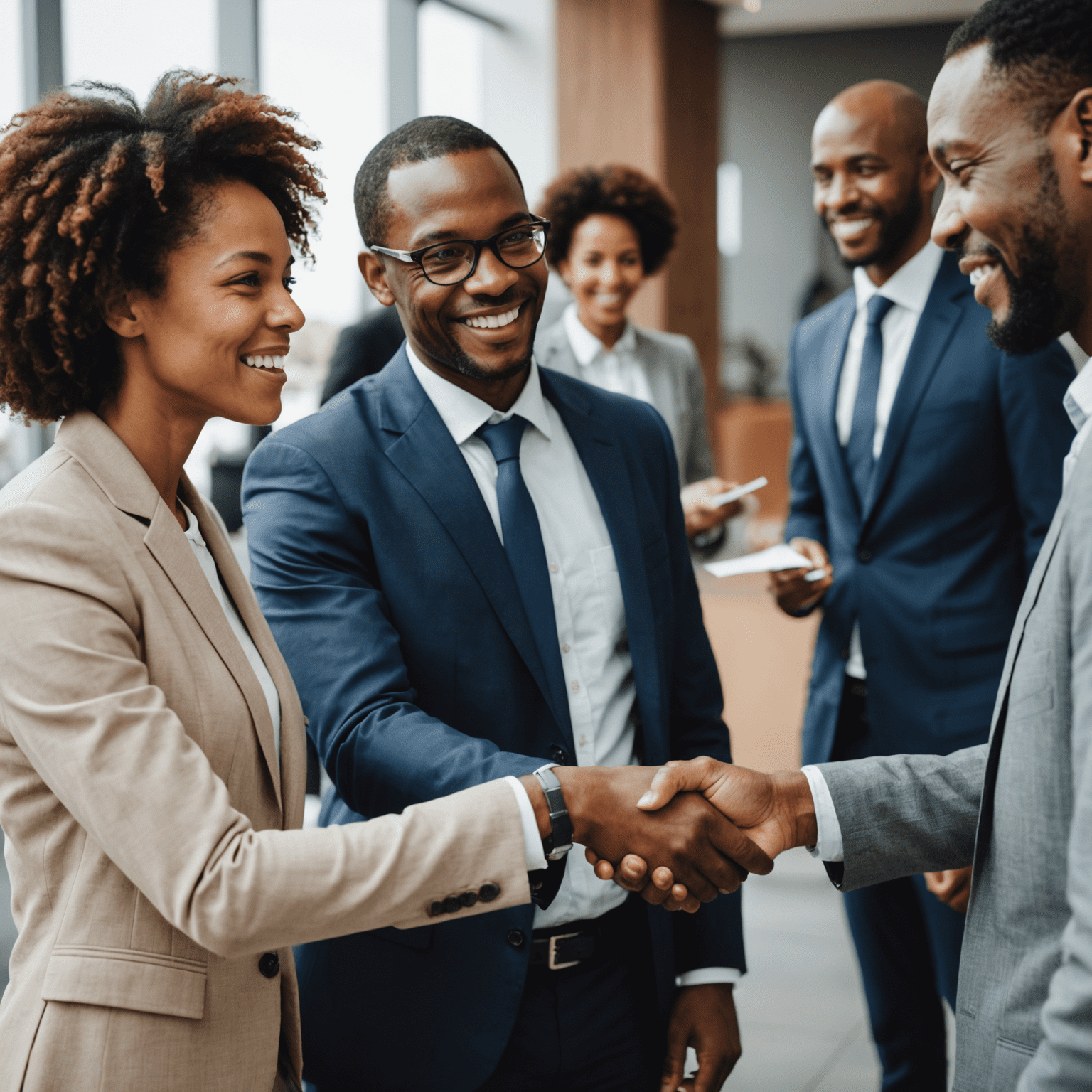 Diverse group of South African business professionals networking at a conference, shaking hands and exchanging business cards