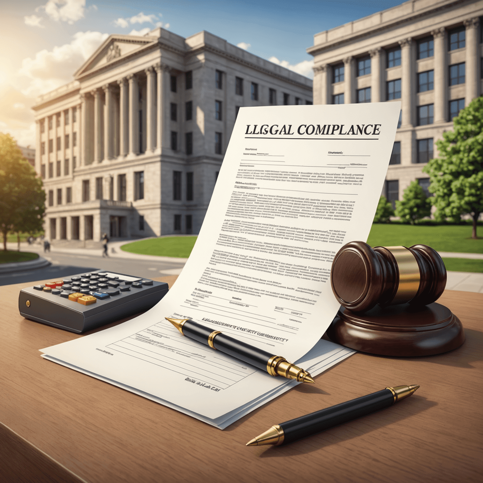 Illustration of regulatory compliance, including legal documents and government buildings