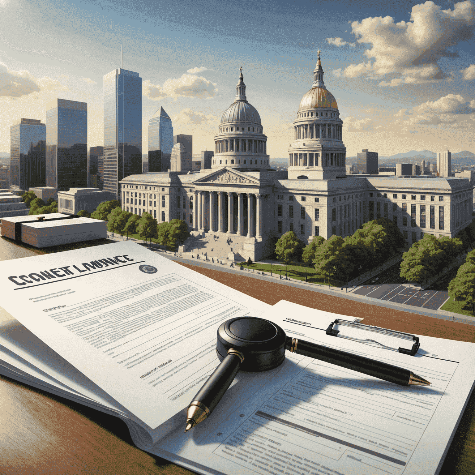 Illustration of regulatory compliance, including legal documents and government buildings