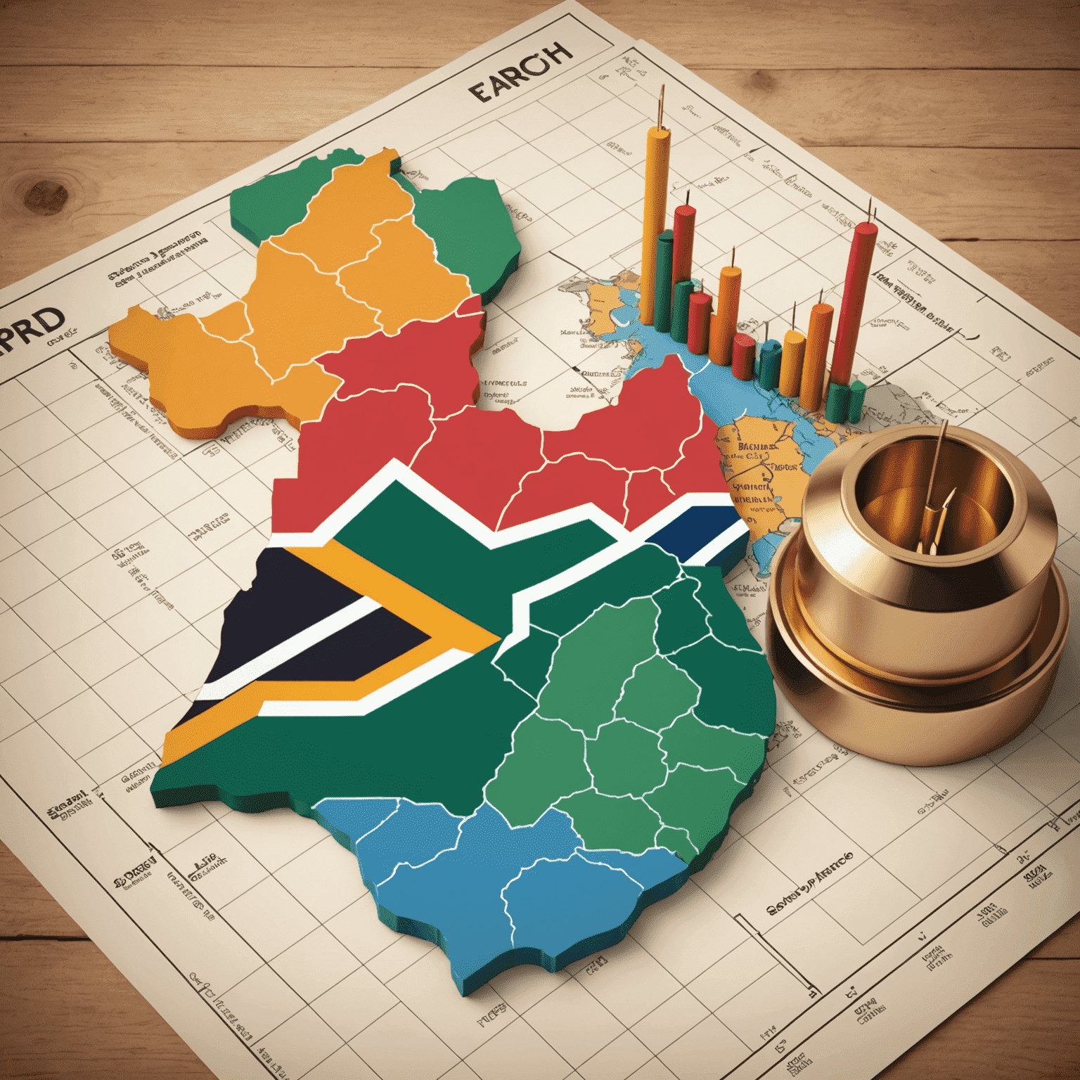 Illustration of a successful business expansion, with growth charts and a map of South Africa