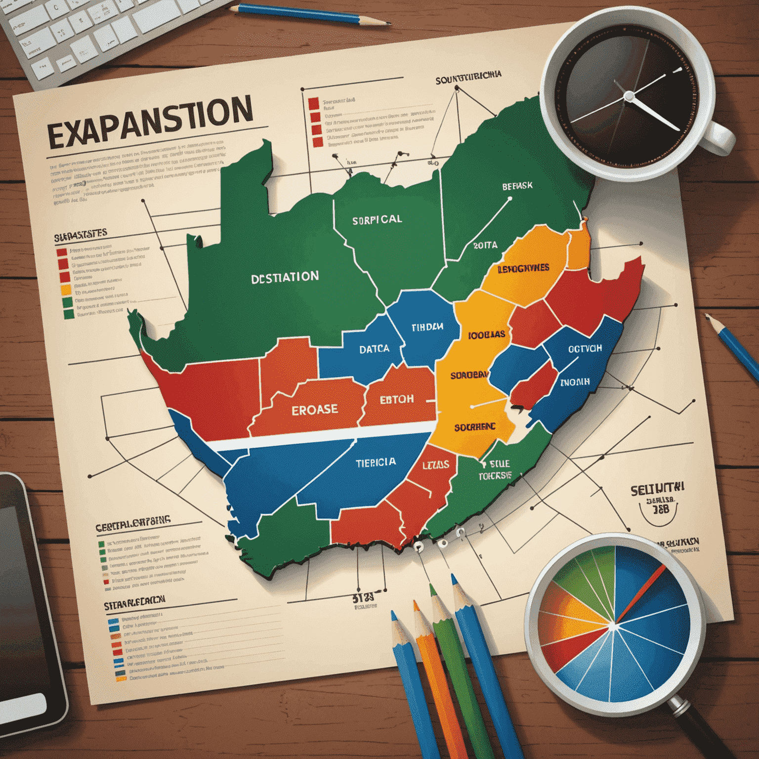 Illustration of a successful business expansion case study, showing growth charts and a map of South Africa