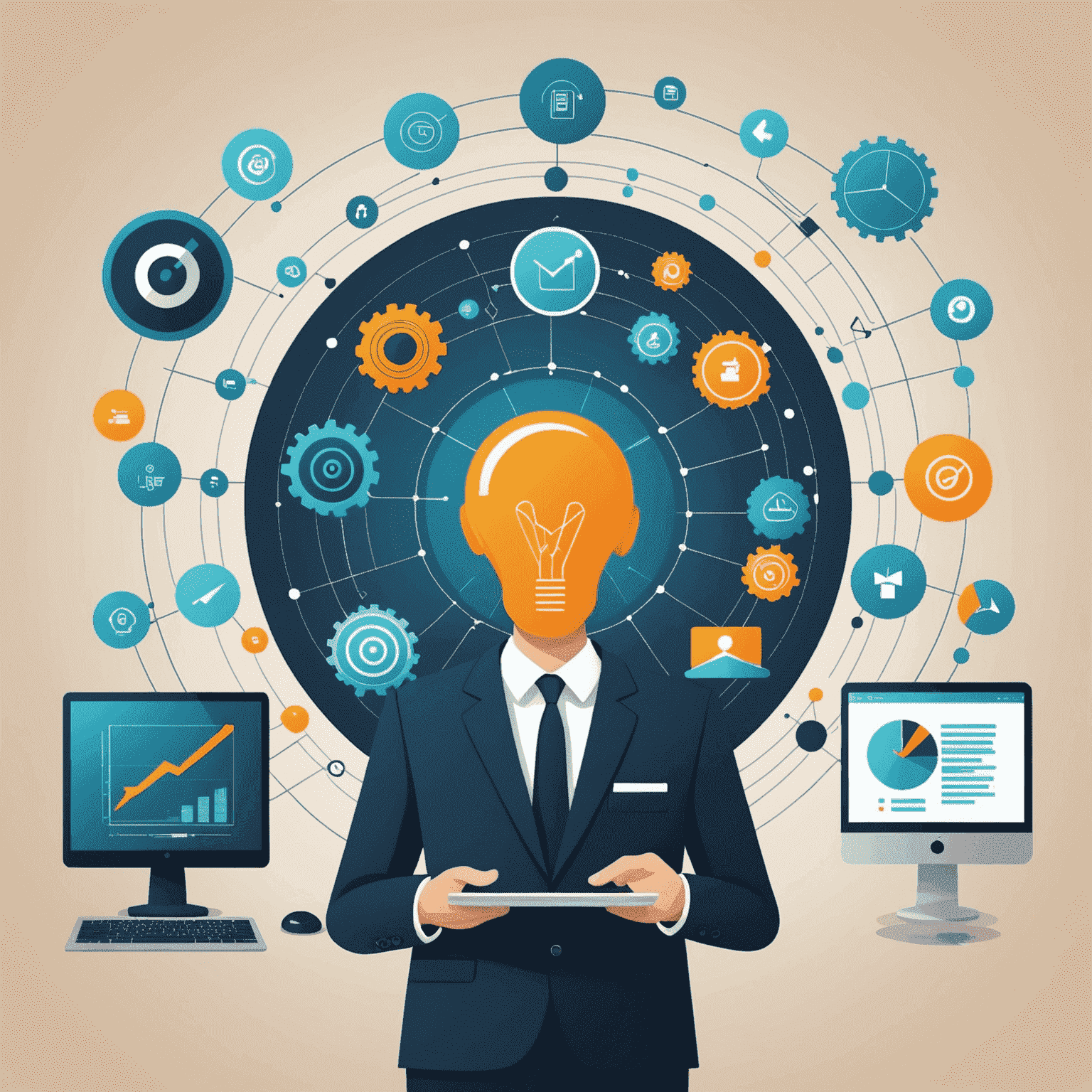 Illustration of technology driving business growth, including digital marketing, automation, and data analytics