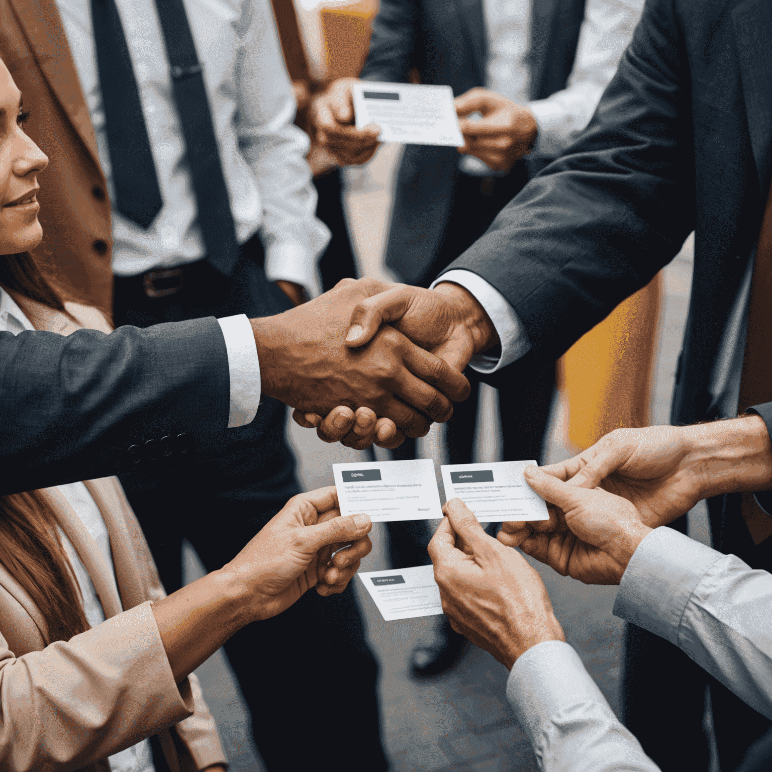 Illustration of business networking, with professionals shaking hands and exchanging business cards